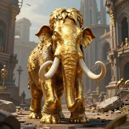 golden mammoth in a ruined city, art by artgerm, wlop, loish, ilya kuvshinov, 8 k realistic, hyperdetailed, beautiful lighting, detailed background, depth of field, symmetrical face, frostbite 3 engine, cryengine
