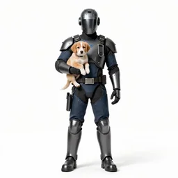 armored veterinarian holding a puppy, photorealistic portrait photography, full body, standing, isolated on a pure white background, centered, whole figure in frame, sharp focus, studio lighting