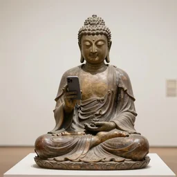 beautiful detailed sculpture of meditating buda looking at a smartphone, in a gallery setting, influenced by greg rutkowsk. professional studio photo, full object in middle, soft lighting, centered, 1 5 0 mm lens, high definition