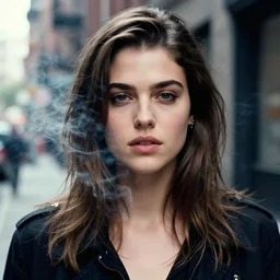 closeup portrait of alexandra daddario in a smoky new york back street, photograph, natural light, magazine, press, photo, Steve McCurry, David Lazar