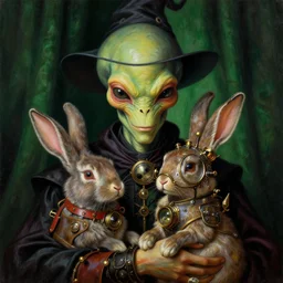 a close - up portrait painting of a bright alien wizard magician holding a steampunk rabbit. deep green curtains in a gloomy dark background. highly detailed science - fiction painting by norman rockwell, moebius, frank frazetta, and syd mead. rich colors, high contrast. artstation