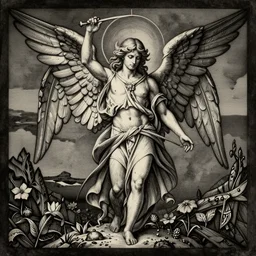 occult art etching, very detailed, of the angel of mercury. alchemical art, esoteric art