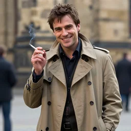 photorealistic photography of jean dujardin posing as a charismatic smiling thief!, with a light brown trench coat and a cigarette, in dresden files movie, super detailed, hd