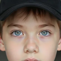 a detailed portrait of a boy with light blue eyeswearing a black cap, realistic and detailed eyes, intricate photo, incredibly highly detailed and realistic, 8 k, sharp focus
