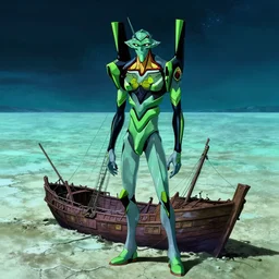 turquoise moonlight, a green tiefling stands beside his wrecked sailing vessel at the bottom of a dried - up lake in a turquoise desert beneath a starless night sky, evangelion, kyoto animation still, intricately detailed features, digital painting, yoshiyuki sadamoto