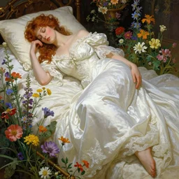 realistic portrait of a beautiful woman in a white gown sleeping in a bed of colorful wildflowers by gerald moira, frederic leighton, amano, greg hildebrandt, and mark brooks, female, feminine, art nouveau, victorian, neo - gothic, gothic, character concept design