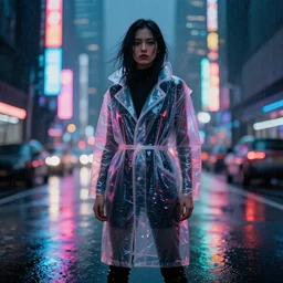 cyberpunk city, woman in plastic coat, reflections, rain, neon, hyper realistic