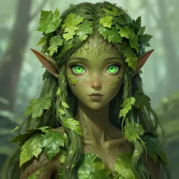 A realistic anime portrait of a beautiful dryad with green eyes, dark tree bark skin, and foliage for hair wearing clothes made of leaves, digital painting, by Stanley Artgerm Lau, Sakimichan, WLOP and Rossdraws, digtial painting, trending on ArtStation, SFW version