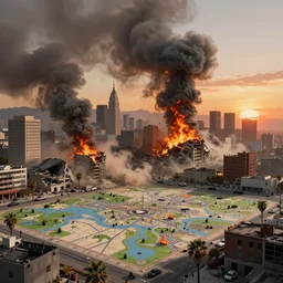 los angeles destroyed by an earthquake, collapsed buildings, dust particles, fire, ashes and smoke columns, sunset, game map matte painting, hyperdetailed, artstation, cgsociety, 8 k