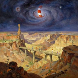 mesozoic cosmic upheaval turmoil landscape in the style of dr. seuss, celestial immaculate bridge to eternity, painting by albert bierstadt