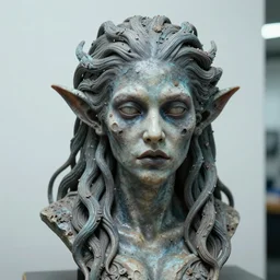 photo taken of an epic intricate, ultra detailed, super realistic gritty, terrifying, lifelike bust sculpture of a enchanting siren creature design created by weta workshop, zoomed in shots, photorealistic, sharp focus, white wall coloured workshop, cold colour temperture, f 0. 4, face centred