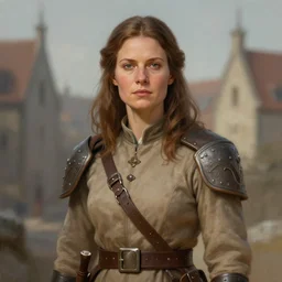 a town guard woman with shoulder length brown hair wearing light brown clothing, a character portrait by mandy jurgens, nina tryggvadottir, cgsociety, midevil fantasy art, artstation hd, detailed painting, official art