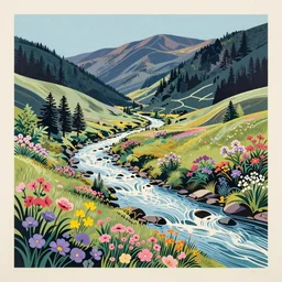( ( ( gediminas pranckevicius ) ) ) a river flow through a valley rolling mountain, flower garden summer morning, very coherent and colorful high contrast art by simon stalenhag james gilleard floralpunk papercut woodblock, dark shadows, pastel color, hard lighting