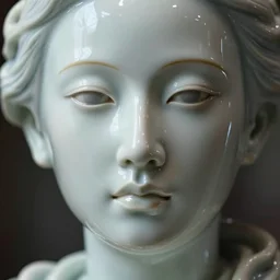 woman made out of porcelain, close up on face, realistic, volumetric lighting, refective, 4 k