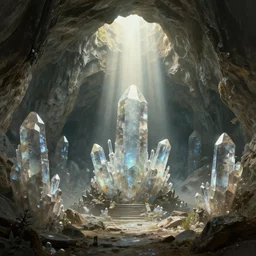 concept art of an ancient fantasy cave with huge crystals, god rays, artstation