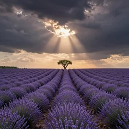 beautiful lavender field, avenues of lines leading away from viewer,! single tree! on horizon in center, desaturated colors, sunset, dramatic sky, by charlie waite