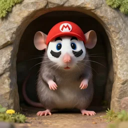 an humanoid rat with a mask of mario in a cave