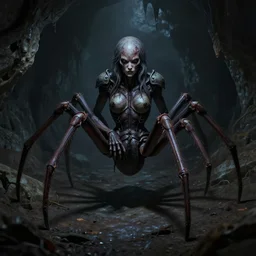 creepy matte painting of an armored humanoid female spider monster with eight spider legs in a dark cave, ultra detailed, monster, half human half spider, human torso and head, human face, human arms, spider thorax, creature design, concept art, 8 k, moody lighting, muted colors, blue tone light, dramatic lighting, realistically proportioned face