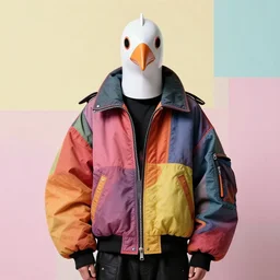 model in plastic bird mask wearing baggy colorful 9 0 s jacket by rick owens. magazine ad. pastel brutalist background.
