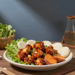 chuncheon dak - galbi, stir fried spicy chicken with lettuce, rice cake and sweet potato, still from a claymation film