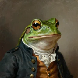 an anthropomorphic frog wearing a colonial frock jacket looking off camera, head and shoulders portrait, oil on canvas, neoclassicism, visible brushstrokes, soft focus