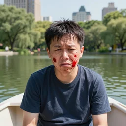 the pain is splattered on the sad monster's face on a sunny day in a boat on a pond in a city park