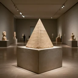 single clay museum sculpture, cube pedestal, pyramidal symbolic representation, in a large hall, ambient lighting, museum catalog photograph