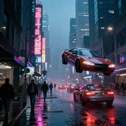 street from bladerunner 2049, neon lights, rain, flying cars, people walking