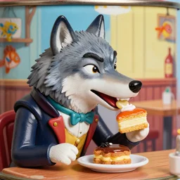 closeup profile face portrait of tin toy a wolf dressed as a victorian gentlemen eating cakes in a pub, nicoletta ceccoli, mark ryden, lostfish, max fleischer, hyper realistic, artstation, illustration, digital paint, matte paint, vivid colors, bright, cheerful, detailed and intricate environment
