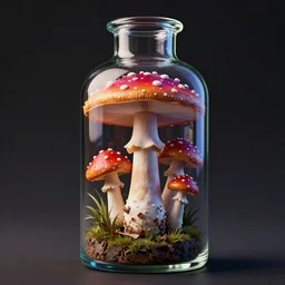 a beautiful psychedelic amanita muscaria mushroom inside a large vintage glass bottle, 3D Render, Octane, 4k, unreal engine