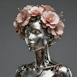 woman made out of metal with flowers on her head. artwork. hyperrealistic. high resolution. unreal engine. 8k. studio lighting. trending on artstation.