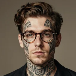 Vintage portrait of a handsome brown-haired man wearing glasses with geometric and fractal tattoos all over his face