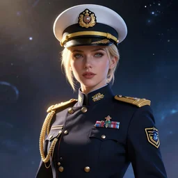 beautiful portrait of a female officer wearing a fancy naval uniform, art by wlop and artgerm, science fiction, highly detailed, blonde hair, space background, trending on artstation, sharp focus, illustration, caustics, octane render, radiant light