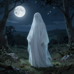 hyper detailed character portrait of a ghostly figure standing in the forest plains of north yorkshire, a clear night, sky full of stars, moon in the sky, moonlight, moonlight god rays, sharp focus, illustration, concept art
