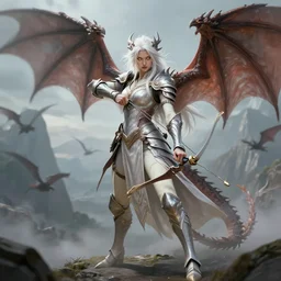 Full body Picture of a female Dragon Tamer, fantasy inspired, shortbow, ivory skin, White hair, long messy hair, platinum attire, armor and robes, dragon wings on back, battle, detailed facial features, light glowy yellow eyes, dragons flying around, mountain background, D&D, by artgerm and Craig Mullins, James Jean, Andrey Ryabovichev, Mark Simonetti and Peter Morbacher, matte painting, trending on artstation, artstationHD, artstationHQ, octane, full HD, 16K