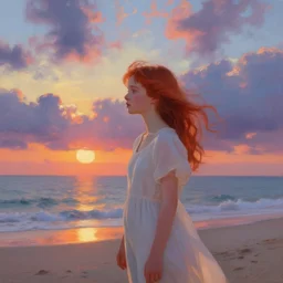 a red haired young girl beach surreal, sunrise, dramatic light, impressionist painting, colorful clouds, digital painting, artstation, paul lehr simon stalenhag