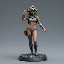 80mm resin detailed miniature of a Diver woman, steampunk diving helmet, bikini, stomach, navel, belly, tights, boots, symbol, textured base; Miniature Product Photos, 4K, view from front