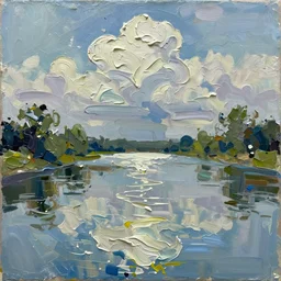 oil paint impasto relief of low view of river reflections painted with thick heavy expressive paint and cumulus clouds, less thick expressive paint crudely pointillist in parts, some splattered paint
