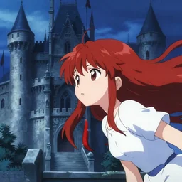 anime visual, portrait of a curious young woman with long red hair looking at a medieval palace, cute face by ilya kuvshinov, yoh yoshinari, dynamic pose, dynamic perspective, cel shaded, flat shading mucha, rounded eyes, moody, psycho pass, kyoani, blue tint