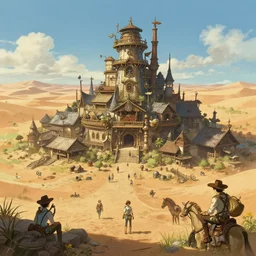 steampunk cowboy fantasy town in the middle of a desert, in style of Greg Rutkowski, Jesper Ejsing, Makoto Shinkai, trending on ArtStation, fantasy, great composition, concept art, highly detailed, scenery, 8K, Behance.