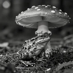 cottagecore frog on a mushroom black and white drawing