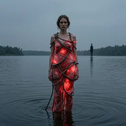 portrait, standing in a lake, woman wrapped around by tubes and cables, wearing a weird dress, glowing red, by edgar maxence and ross tran, zdzisław beksinski, and michael whelan, distant, gustav dore, h. r. giger, 8 k, octane render