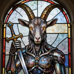 portrait of of lucifer baphomet goat in front of biomechanical stained glass window holding an ceremonial dagger, sharp eyes, hyper realistic face, fantasy art, greg rutkowski, intricate, alphonse mucha, hyper detailed engraving, concept art, elden ring, illustration, smooth, sharp focus, by gustave dore and zdizslaw beksinski