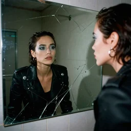 cinestill 5 0 d candid photographic portrait by quentin tarantino of a beautiful mixed feminine man wearing black techwear and light makeup looking in a broken bathroom mirror, rundown new york apartment, medium closeup, retrofuturism grunge cyberpunk lights shadows refraction, 3 5 mm, f / 3 2, 4 k, 8 k, hd, high resolution, ultra realistic faces, intricate detail