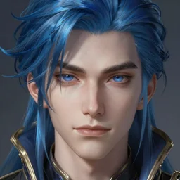 hyperrealistic close - up portrait of cyberpunk young man with blue hair, d & d, fantasy, intricate, elegant, highly detailed, digital painting, artstation, concept art, smooth, sharp focus, illustration, art by artgerm and greg rutkowski and alphonse mucha
