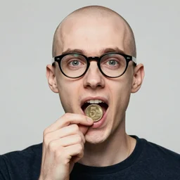 nerdy bald young man holding a 5 cent coin in front of his mouth, photorealistic, passionate, 4 k