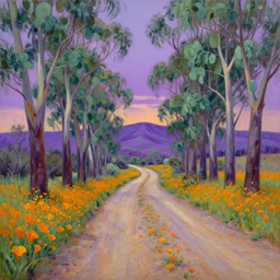 a painting of a dirt road surrounded by eucalyptus trees and california golden poppies, violet woodland hill in the distance, violet sunset. an oil painting by thomas kinkade and peter mohrbacher, green orange violet triadic color palette, featured on deviantart, australian tonalism, pre - raphaelite, impressionism, detailed painting