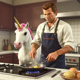 GTA 5 photorealistic Gordon Ramsey cooking a unicorn in an intricate kitchen 4k