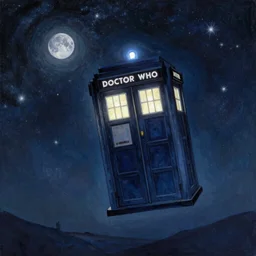 A beautiful painting of TARDIS  from Doctor Who flying in night in milky way with one moon and star light by Ivan Konstantinovich Aivazovsky