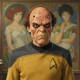 cute star trek officer freddy krueger, natural lighting, path traced, highly detailed, high quality, digital painting, by don bluth and ross tran and studio ghibli and alphonse mucha, artgerm